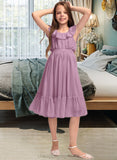 Ellen A-Line Scoop Neck Knee-Length Chiffon Junior Bridesmaid Dress With Bow(s) Cascading Ruffles STIP0013426