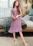 Ellen A-Line Scoop Neck Knee-Length Chiffon Junior Bridesmaid Dress With Bow(s) Cascading Ruffles STIP0013426