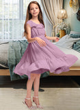 Ellen A-Line Scoop Neck Knee-Length Chiffon Junior Bridesmaid Dress With Bow(s) Cascading Ruffles STIP0013426