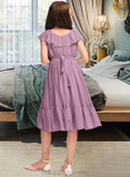 Ellen A-Line Scoop Neck Knee-Length Chiffon Junior Bridesmaid Dress With Bow(s) Cascading Ruffles STIP0013426