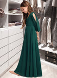 Selah A-Line V-neck Floor-Length Chiffon Junior Bridesmaid Dress With Ruffles STIP0013427