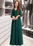 Selah A-Line V-neck Floor-Length Chiffon Junior Bridesmaid Dress With Ruffles STIP0013427