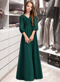 Selah A-Line V-neck Floor-Length Chiffon Junior Bridesmaid Dress With Ruffles STIP0013427