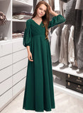 Selah A-Line V-neck Floor-Length Chiffon Junior Bridesmaid Dress With Ruffles STIP0013427