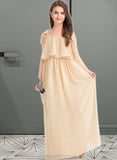 Amy A-Line Square Neckline Floor-Length Chiffon Junior Bridesmaid Dress With Bow(s) Cascading Ruffles STIP0013428