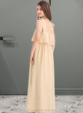 Amy A-Line Square Neckline Floor-Length Chiffon Junior Bridesmaid Dress With Bow(s) Cascading Ruffles STIP0013428