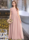 Makaila A-Line Scoop Neck Floor-Length Chiffon Lace Junior Bridesmaid Dress With Bow(s) STIP0013429