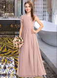 Makaila A-Line Scoop Neck Floor-Length Chiffon Lace Junior Bridesmaid Dress With Bow(s) STIP0013429