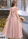 Makaila A-Line Scoop Neck Floor-Length Chiffon Lace Junior Bridesmaid Dress With Bow(s) STIP0013429