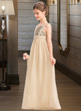 Tamara A-Line V-neck Floor-Length Chiffon Sequined Junior Bridesmaid Dress With Ruffle STIP0013430