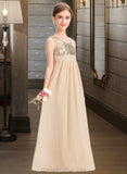 Tamara A-Line V-neck Floor-Length Chiffon Sequined Junior Bridesmaid Dress With Ruffle STIP0013430