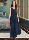 Morgan A-Line V-neck Floor-Length Chiffon Junior Bridesmaid Dress With Bow(s) STIP0013432