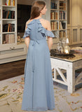 Margery A-Line Scoop Neck Floor-Length Chiffon Junior Bridesmaid Dress With Bow(s) Cascading Ruffles STIP0013433