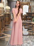 Maren A-Line V-neck Floor-Length Chiffon Junior Bridesmaid Dress With Ruffle STIP0013437