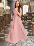 Maren A-Line V-neck Floor-Length Chiffon Junior Bridesmaid Dress With Ruffle STIP0013437