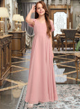 Maren A-Line V-neck Floor-Length Chiffon Junior Bridesmaid Dress With Ruffle STIP0013437