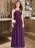 Brielle A-Line Square Neckline Floor-Length Chiffon Lace Junior Bridesmaid Dress With Bow(s) STIP0013438