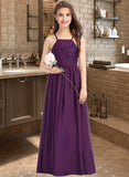 Brielle A-Line Square Neckline Floor-Length Chiffon Lace Junior Bridesmaid Dress With Bow(s) STIP0013438