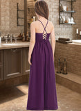 Brielle A-Line Square Neckline Floor-Length Chiffon Lace Junior Bridesmaid Dress With Bow(s) STIP0013438