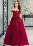 Shyla Ball-Gown/Princess Off-the-Shoulder Floor-Length Tulle Lace Junior Bridesmaid Dress With Beading Sequins STIP0013440