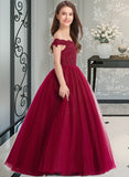 Shyla Ball-Gown/Princess Off-the-Shoulder Floor-Length Tulle Lace Junior Bridesmaid Dress With Beading Sequins STIP0013440