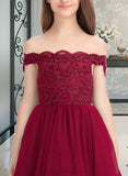 Shyla Ball-Gown/Princess Off-the-Shoulder Floor-Length Tulle Lace Junior Bridesmaid Dress With Beading Sequins STIP0013440