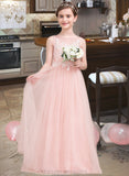 Abril A-Line Scoop Neck Floor-Length Tulle Junior Bridesmaid Dress With Beading Sequins STIP0013444