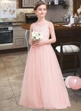 Abril A-Line Scoop Neck Floor-Length Tulle Junior Bridesmaid Dress With Beading Sequins STIP0013444