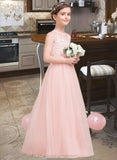 Abril A-Line Scoop Neck Floor-Length Tulle Junior Bridesmaid Dress With Beading Sequins STIP0013444