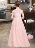 Abril A-Line Scoop Neck Floor-Length Tulle Junior Bridesmaid Dress With Beading Sequins STIP0013444