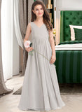 Abbie A-Line V-neck Floor-Length Chiffon Junior Bridesmaid Dress With Pockets STIP0013446