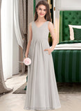 Abbie A-Line V-neck Floor-Length Chiffon Junior Bridesmaid Dress With Pockets STIP0013446