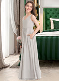 Abbie A-Line V-neck Floor-Length Chiffon Junior Bridesmaid Dress With Pockets STIP0013446