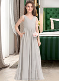 Abbie A-Line V-neck Floor-Length Chiffon Junior Bridesmaid Dress With Pockets STIP0013446