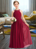 Jaqueline A-Line Scoop Neck Floor-Length Chiffon Junior Bridesmaid Dress With Ruffle Beading Bow(s) STIP0013447