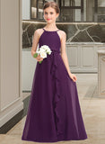 Miley A-Line Scoop Neck Floor-Length Chiffon Junior Bridesmaid Dress With Bow(s) Cascading Ruffles STIP0013448