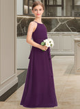 Miley A-Line Scoop Neck Floor-Length Chiffon Junior Bridesmaid Dress With Bow(s) Cascading Ruffles STIP0013448