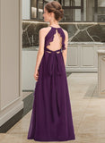 Miley A-Line Scoop Neck Floor-Length Chiffon Junior Bridesmaid Dress With Bow(s) Cascading Ruffles STIP0013448