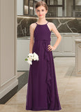 Miley A-Line Scoop Neck Floor-Length Chiffon Junior Bridesmaid Dress With Bow(s) Cascading Ruffles STIP0013448