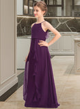 Miley A-Line Scoop Neck Floor-Length Chiffon Junior Bridesmaid Dress With Bow(s) Cascading Ruffles STIP0013448