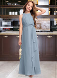 Delaney A-Line Scoop Neck Floor-Length Chiffon Junior Bridesmaid Dress With Cascading Ruffles STIP0013450