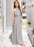 Madelynn A-Line High Neck Floor-Length Chiffon Junior Bridesmaid Dress With Ruffle STIP0013452