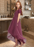 Miya A-Line V-neck Asymmetrical Chiffon Lace Junior Bridesmaid Dress With Ruffle STIP0013453