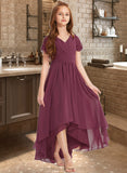 Miya A-Line V-neck Asymmetrical Chiffon Lace Junior Bridesmaid Dress With Ruffle STIP0013453