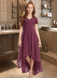 Miya A-Line V-neck Asymmetrical Chiffon Lace Junior Bridesmaid Dress With Ruffle STIP0013453