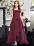 Cadence A-Line Cowl Neck Asymmetrical Chiffon Junior Bridesmaid Dress With Bow(s) STIP0013454