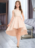 Armani A-Line Scoop Neck Asymmetrical Satin Lace Junior Bridesmaid Dress With Beading Pockets STIP0013455