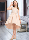 Armani A-Line Scoop Neck Asymmetrical Satin Lace Junior Bridesmaid Dress With Beading Pockets STIP0013455