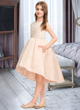 Armani A-Line Scoop Neck Asymmetrical Satin Lace Junior Bridesmaid Dress With Beading Pockets STIP0013455