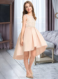 Armani A-Line Scoop Neck Asymmetrical Satin Lace Junior Bridesmaid Dress With Beading Pockets STIP0013455